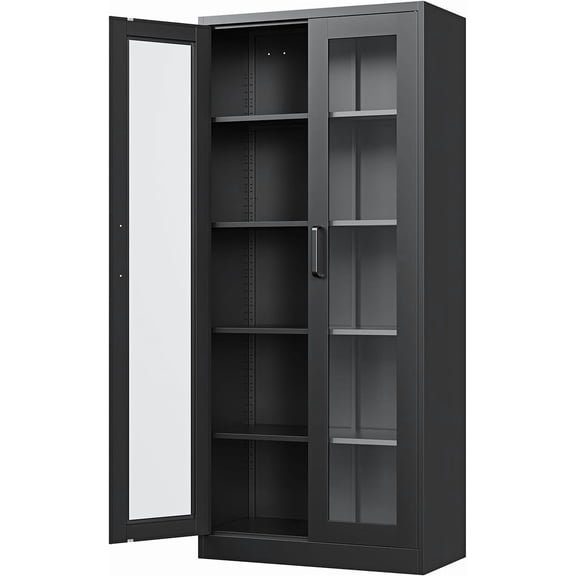 Display Storage Cabinet with Glass Door, 67 Inches Curio Cabinet with 4 Adjustable Shelves, HD Tempered Glass Display Case for Home, Office, Clinic, Pantry, Assemble Required (Black)