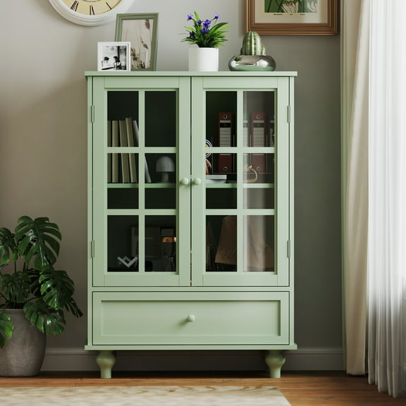 Display Storage Cabinet with 2 Glass Doors, Modern Wood Curio Cabinet with Adjustable Shelf & Drawer