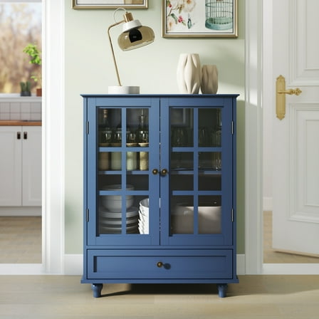 Display Storage Cabinet with 2 Glass Doors, Modern Wood Curio Cabinet with Adjustable Shelf & Drawer