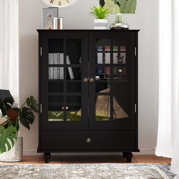 Display Storage Cabinet with 2 Glass Doors, Modern Wood Curio Cabinet with Adjustable Shelf & Drawer