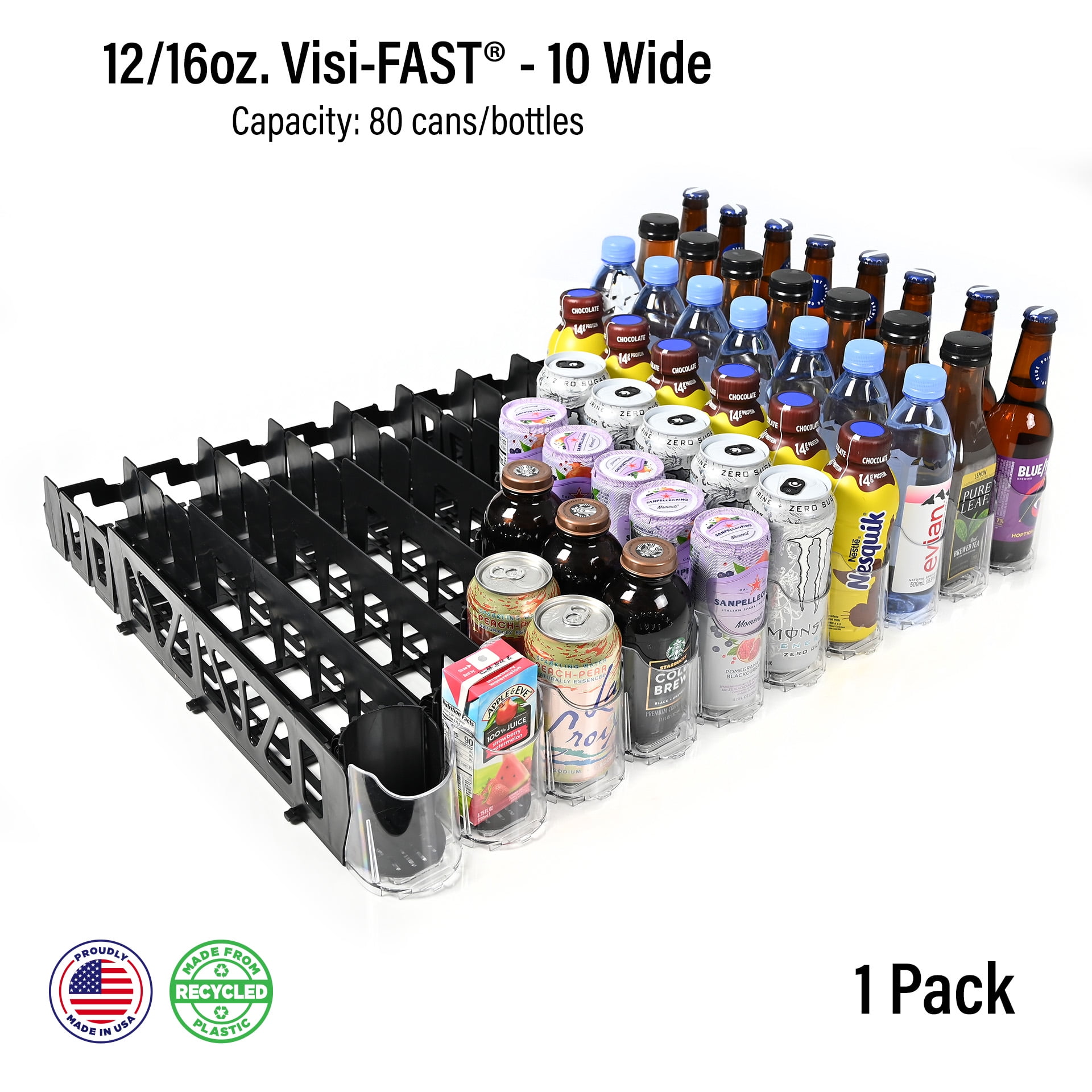 Display Technologies Visi-FAST (Pack of 1) Drink Can Organizer for fridge,  Pusher Glide, 12 oz, 16oz Soda Can Water Bottle Storage for Refrigerator,  Kitchen, Pop Soda Can Dispenser 