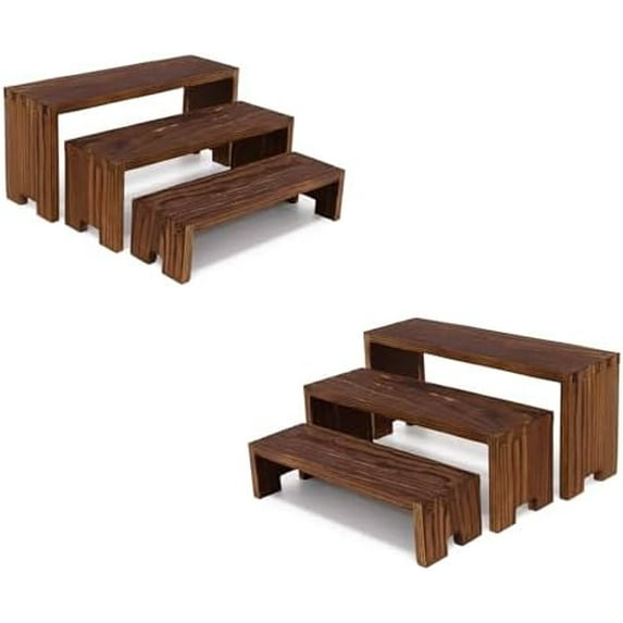 Display Wood Risers Wooden Stand 3 Tier Wood Racks Decorative Rectangular, 2 Set 6 Piece Cupcake Stands Cologne Perfume Organizer Dessert Showcase(Brown)