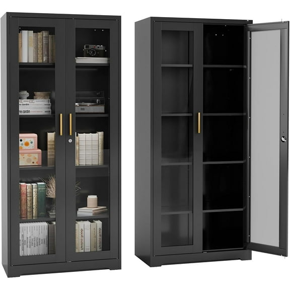 Display cabinet with glass doors, tall metal curio cabinet with adjustable shelves, multi-tier display case for collectibles, metal storage cabinet