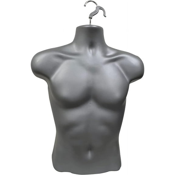 DisplayTown 1 Pack Gray Male Mannequin Injection Form Half Rounded Waist Body Torso Dress Form with Only Hanging Hook, S-M Sizes