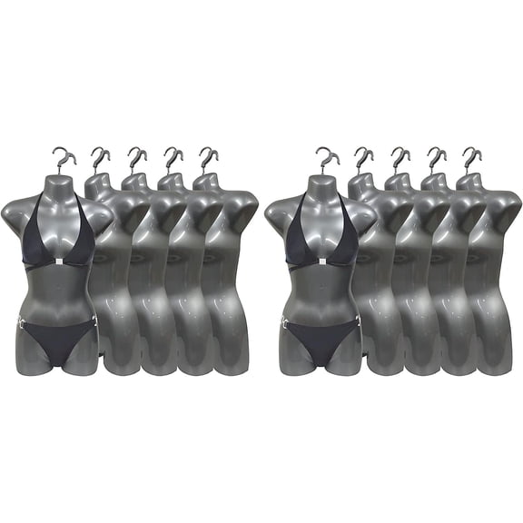 DisplayTown 10 Pack Silver Female Mannequin Hip Long Body Torso Dress Form & Hanging Hook, S-M Sizes