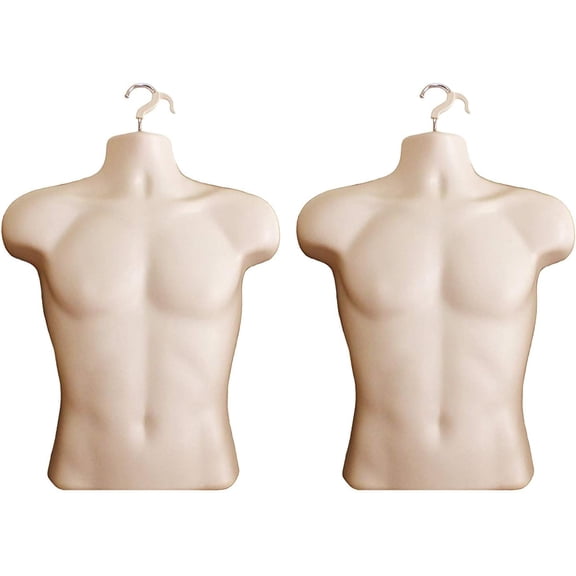 DisplayTown 2 Flesh Male Mannequin Injection Forms Half Rounded Waist Body Torso Dress Form with Only Hanging Hook, S-M Sizes