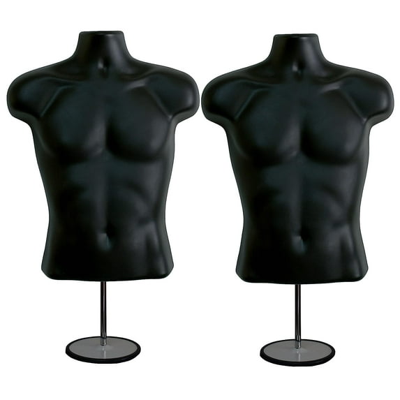 DisplayTown 2 Pack Black Male Mannequins Hollow Back Body Torso w/ Metal Stands with Metal Pole & Hanging Hook for Tshirt Display, S-M Sizes