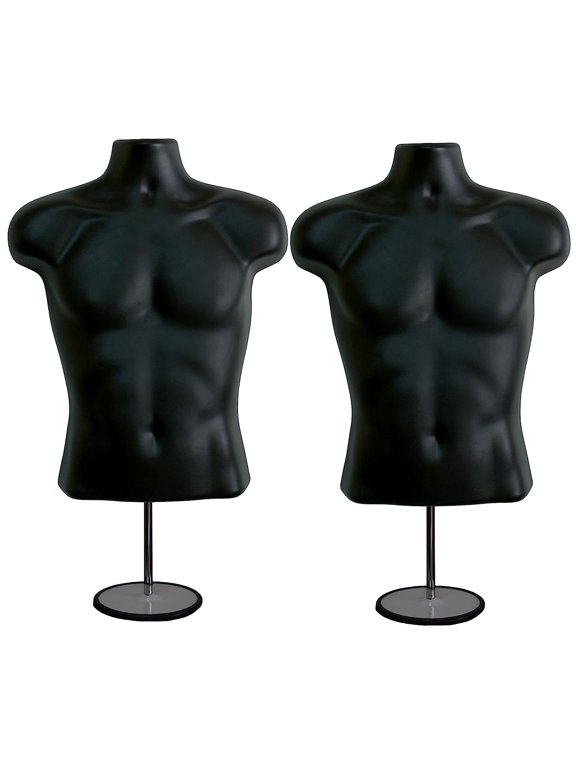 2 Pack Black Male Mannequins Hollow Back Body Torso w/ Metal Stands with Metal Pole & Hanging Hook for Tshirt Display, S-M Sizes