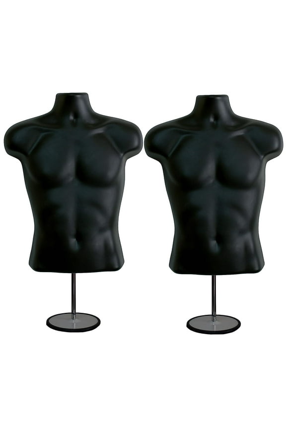 2 Pack Black Male Mannequins Hollow Back Body Torso w/ Metal Stands with Metal Pole & Hanging Hook for Tshirt Display, S-M Sizes
