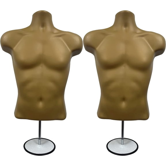 DisplayTown 2 Pack Bronze Male Mannequins Hollow Back Body Torso w/ Metal Stands with Metal Pole & Hanging Hook for Tshirt Display, S-M Sizes