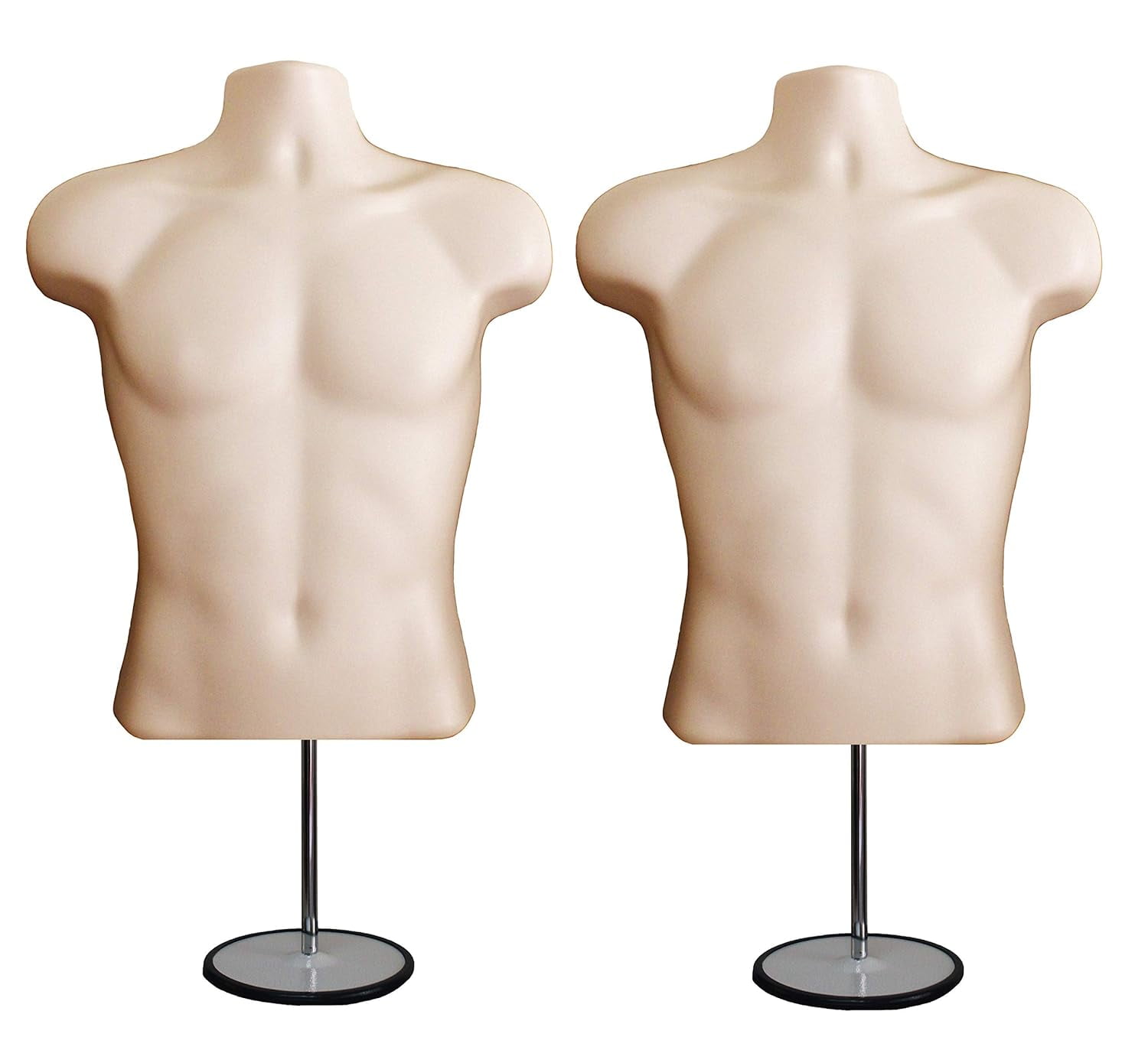 DisplayTown 2 Pack Flesh Male Mannequins Hollow Back Body Torso w/ Metal Stands with Metal Pole & Hanging Hook for Tshirt Display, S-M Sizes