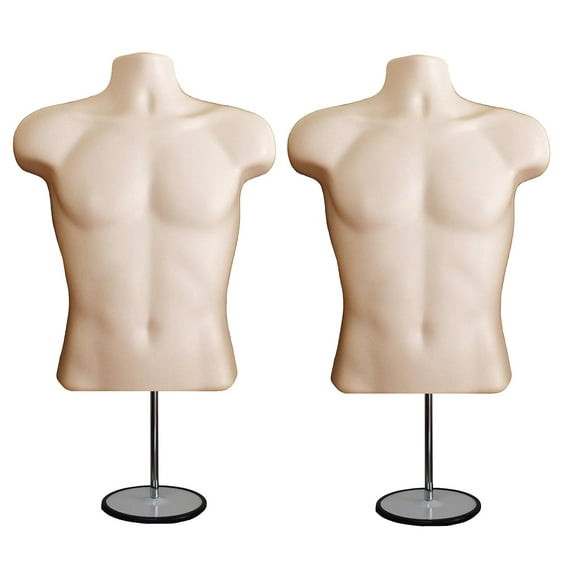 DisplayTown 2 Pack Flesh Male Mannequins Hollow Back Body Torso w/ Metal Stands with Metal Pole & Hanging Hook for Tshirt Display, S-M Sizes