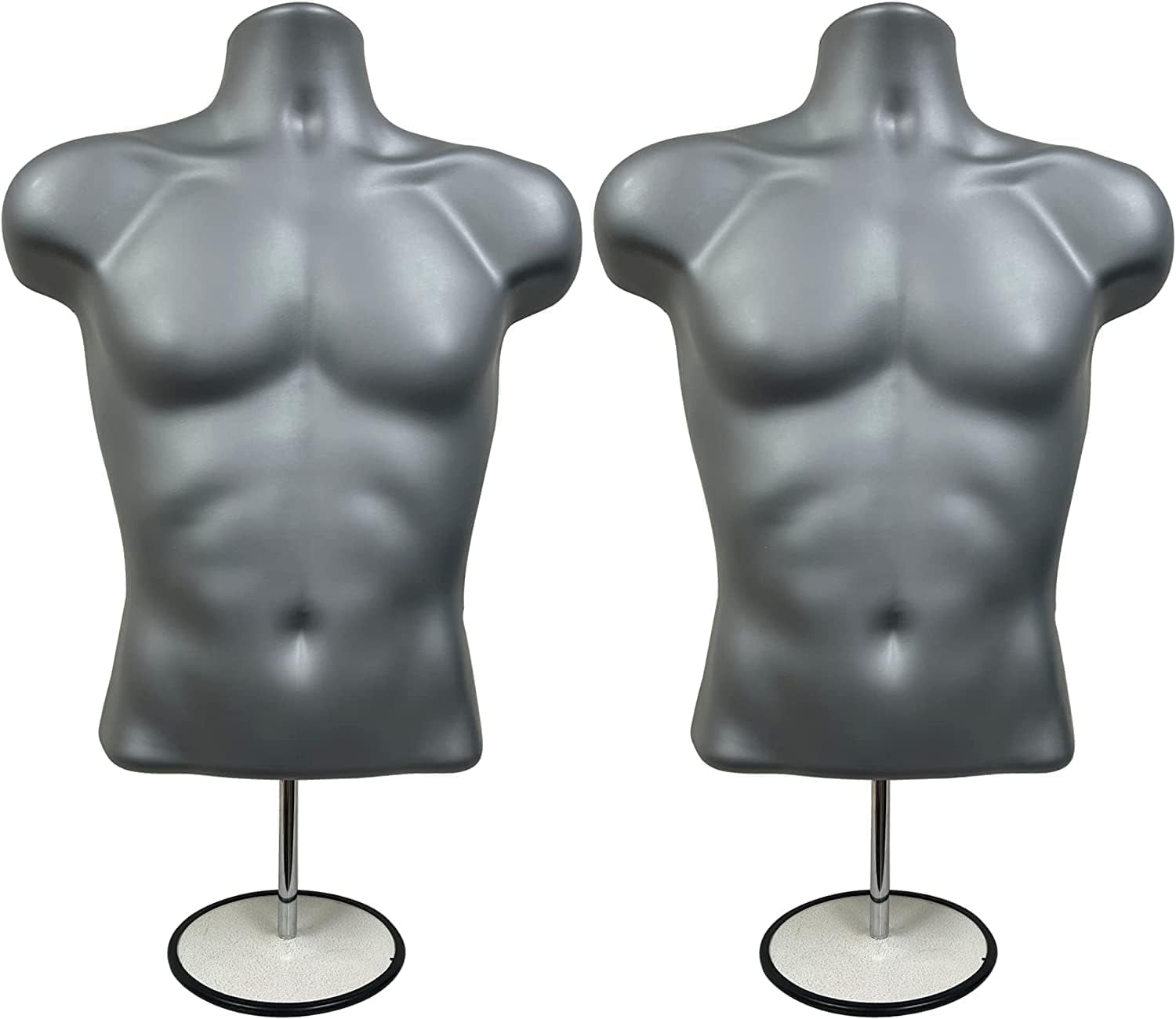 DisplayTown 2 Pack Gray Male Mannequins Hollow Back Body Torso w/ Metal Stands with Metal Pole & Hanging Hook for Tshirt Display, S-M Sizes