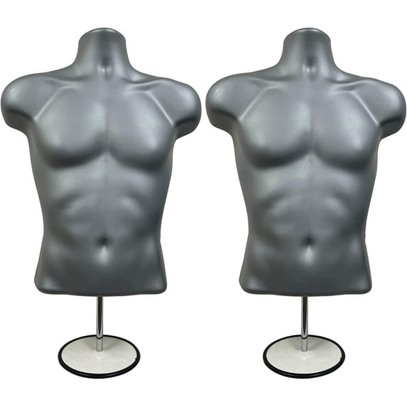 DisplayTown 2 Pack Gray Male Mannequins Hollow Back Body Torso w/ Metal Stands with Metal Pole & Hanging Hook for Tshirt Display, S-M Sizes
