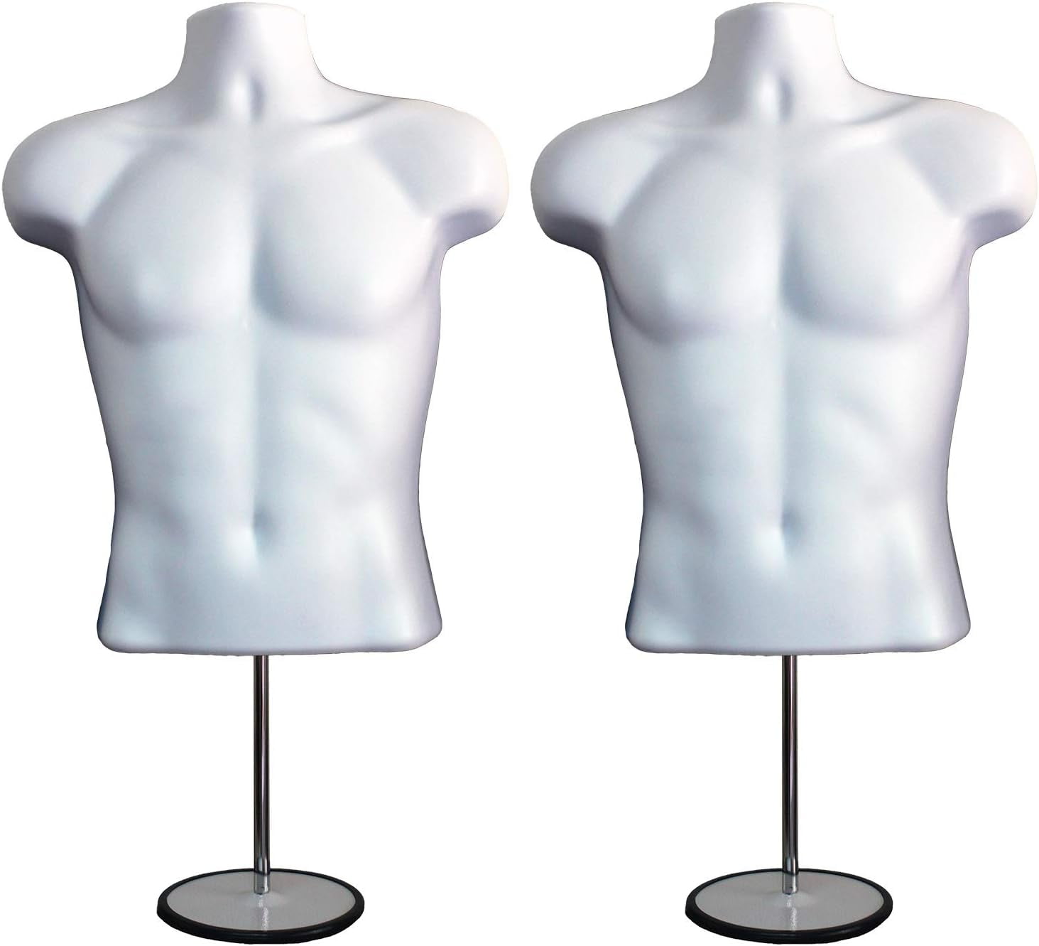 DisplayTown 2 Pack White Male Mannequins Hollow Back Body Torso w/ Metal Stands with Metal Pole & Hanging Hook for Tshirt Display, S-M Sizes