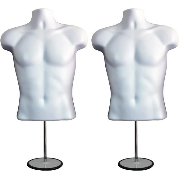 DisplayTown 2 Pack White Male Mannequins Hollow Back Body Torso w/ Metal Stands with Metal Pole & Hanging Hook for Tshirt Display, S-M Sizes