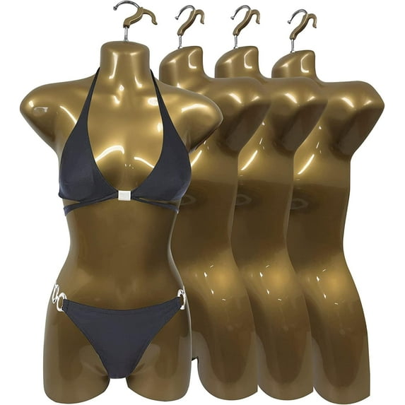 DisplayTown 4 Pack Gold Female Mannequin Hip Long Body Torso Dress Form & Hanging Hook, S-M Sizes