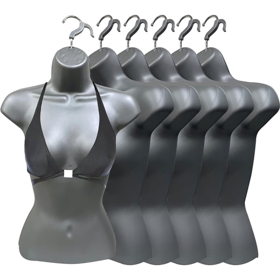 DisplayTown 6 Pack Gray Female Mannequin Injection Form Half Rounded Waist Body Torso Dress Form with Only Hanging Hook, S-M Sizes