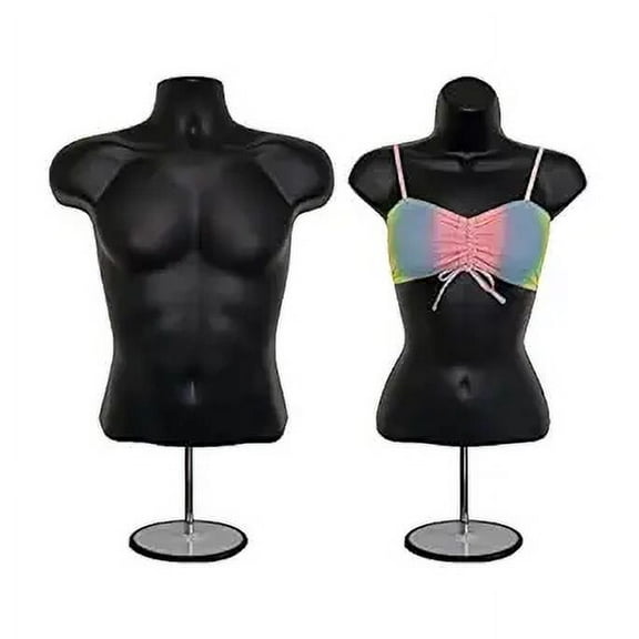DisplayTown Black Male + Female Mannequin Hollow Back Body Torso Set w/ Metal Stand with Metal Pole & Hanging Hook, S-M Sizes