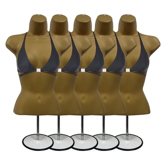 DisplayTown Bronze Female Mannequin Torso with Stand Dress Form Tshirt Display Countertop Hollow Back Body with Metal Pole & Hanging Hook S-M Clothing Sizes (Set of 5)