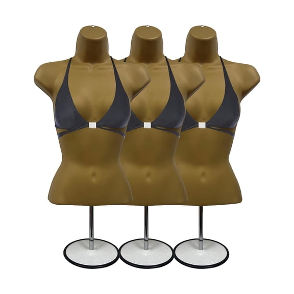DisplayTown Bronze Female Mannequin Torso with Stand Dress Form Tshirt Display Countertop Hollow Back Body with Metal Pole & Hanging Hook S-M Clothing Sizes (Set of 3)