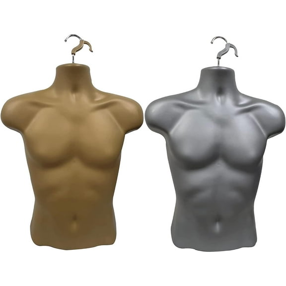 DisplayTown Bronze Male + Gray Male Mannequin Injection Forms Half Rounded Waist Body Torso Dress Form with Only Hanging Hook, S-M Sizes