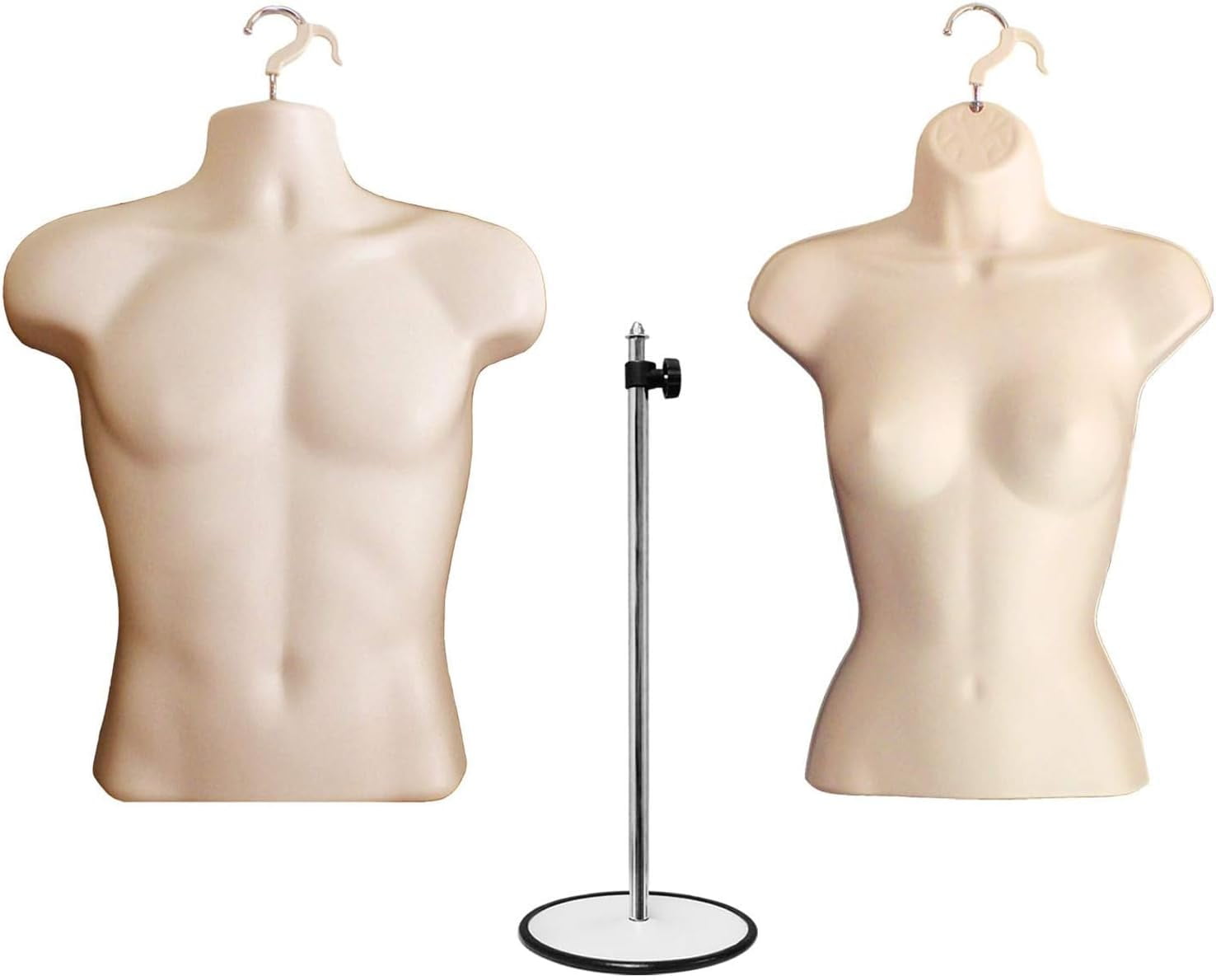 DisplayTown Flesh Male + Female Hollow Back Mannequin Torso Form w/ Single Metal Stand with Metal Pole, S-M Sizes