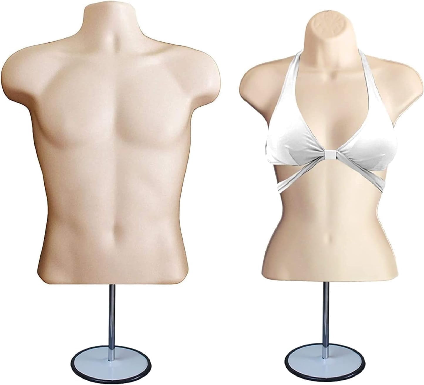 DisplayTown Flesh Male + Female Mannequin Hollow Back Body Torso Set w/ Metal Stand and Metal Pole & Hanging Hook, S-M Sizes