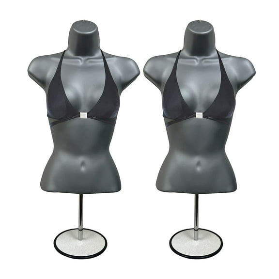 DisplayTown Gray Female Mannequin Torso with Stand Dress Form Tshirt Display Countertop Hollow Back Body with Metal Pole & Hanging Hook S-M Clothing Sizes (Set of 2)