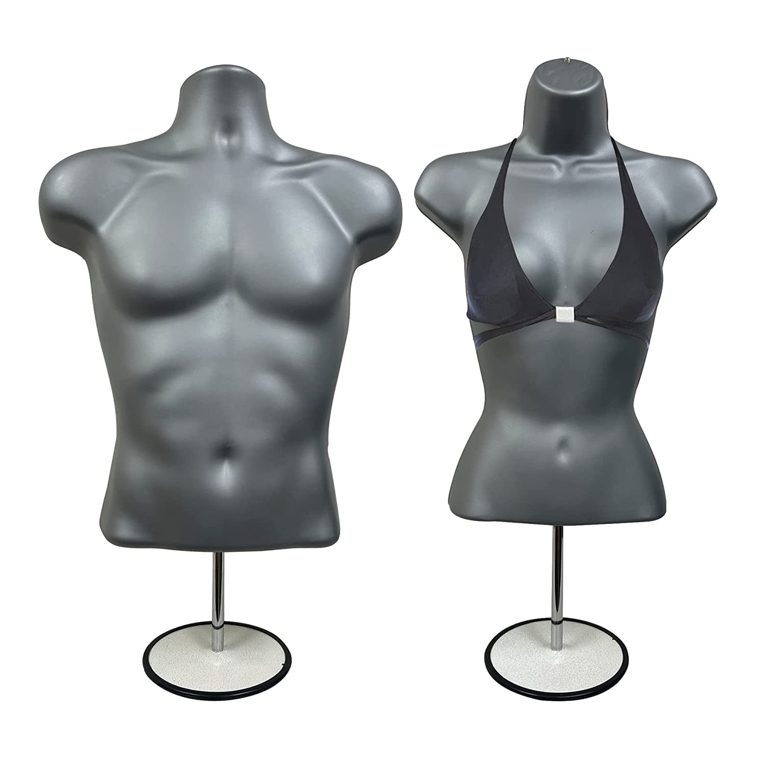 DisplayTown Gray Male + Female Mannequin Hollow Back Body Torso Set w/ Metal Stand and Metal Pole & Hanging Hook, S-M Sizes