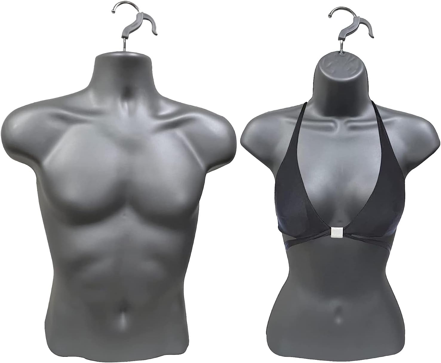 DisplayTown Gray Male + Gray Female Mannequin Injection Forms Half Rounded Waist Body Torso Dress Form with Only Hanging Hook, S-M Sizes