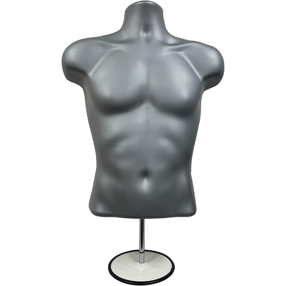 DisplayTown Gray Male Mannequin Hollow Back Body Torso Set w/ Metal Stand with Metal Pole & Hanging Hook, S-M Sizes