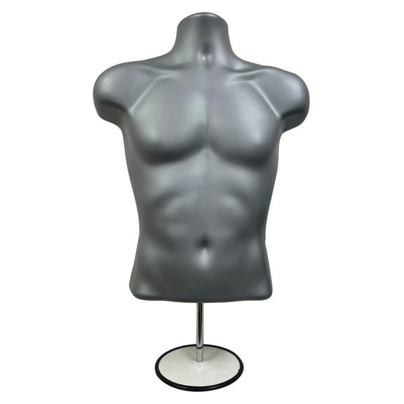DisplayTown Gray Male Mannequin Torso with Stand Dress Form Tshirt Display Countertop Hollow Back Body with Metal Pole & Hanging Hook S-M Clothing Sizes (Set of 1)