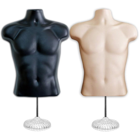 DisplayTown Male + Male Hollow Back Mannequin Torso Set w/ Metal Stands with Metal Pole & Hanging Hook, S-M Sizes (Set of Black + Flesh)
