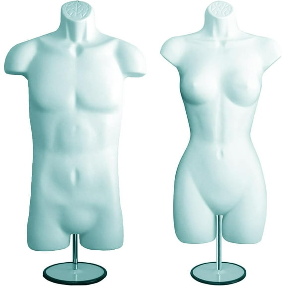 DisplayTown White Male + Female Dress Form Mannequin Hip Long Hollow Back Body Torso Set w/ Metal Stand with Metal Pole & Hanging Hook, S-M Sizes