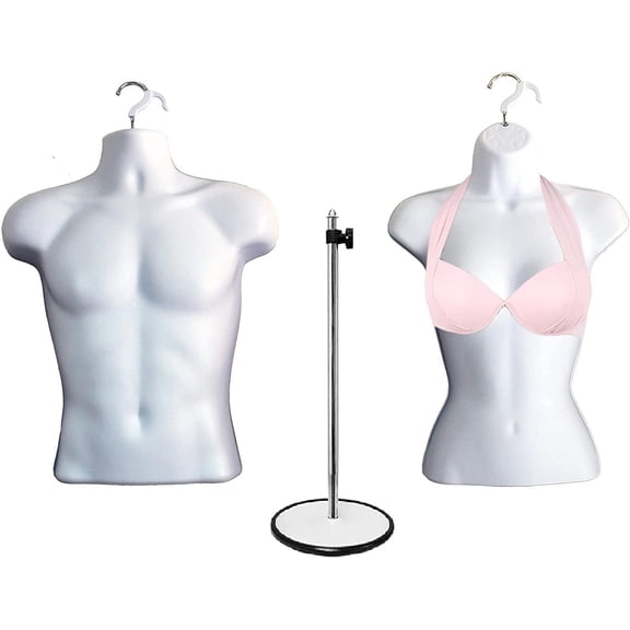 DisplayTown White Male + Female Hollow Back Mannequin Torso Form w/ Single Metal Stand with Metal Pole, S-M Sizes