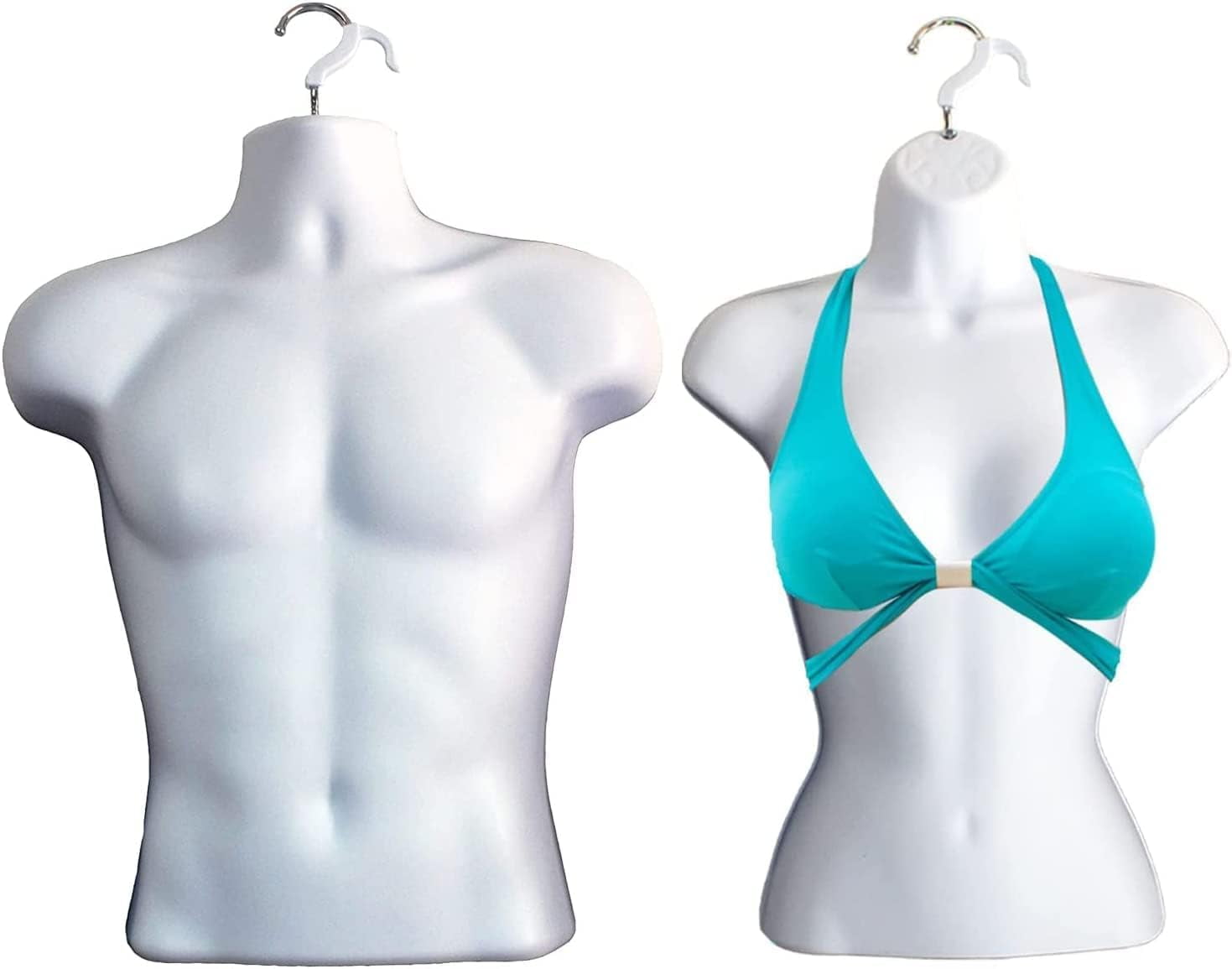 DisplayTown White Male + White Female Mannequin Injection Forms Half Rounded Waist Body Torso Dress Form with Only Hanging Hook, S-M Sizes