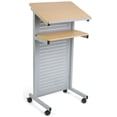thumbnail image 1 of Displays2Go Wheeled Speaking Stand with Privacy Panel & Shelf, Locking Wheels, Steel & MDF Construction – Maple & Silver (LCTMOSVMETM), 1 of 1