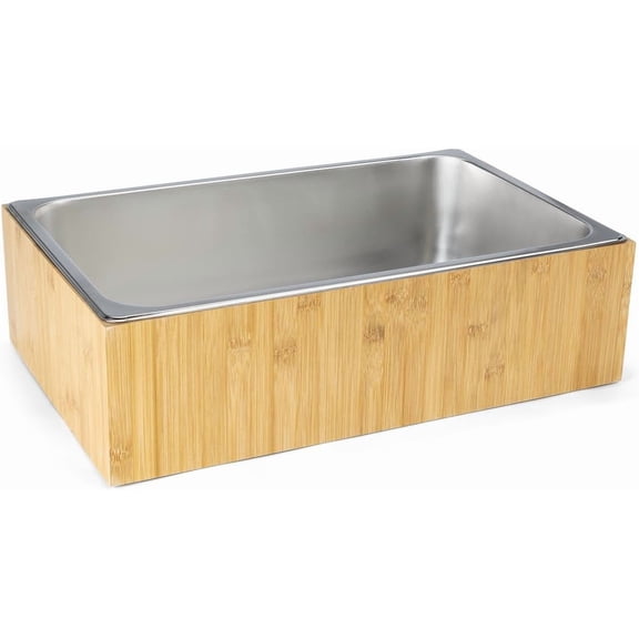 Displays2go 21" x 6.5" Ice Housing Tray - Bamboo and Steel Ice Housing Container - Removable Tray for Display Buffets - Bamboo (FSIHWOODL)