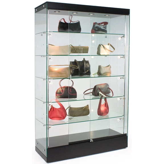 Displays2go 4 Frameless Glass Showcases with LED Lighting, Adjustable Shelves, Locking, MDF Black (GTAP48LEDB)