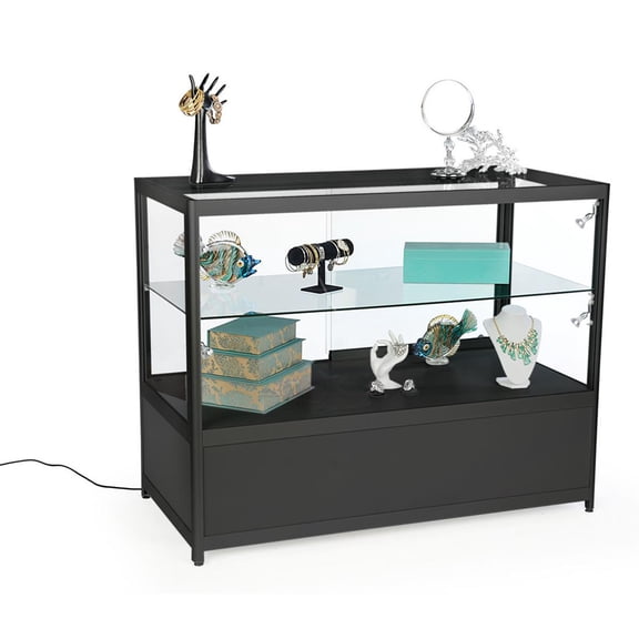 Displays2go 48" Retail Showcase, w/ Storage, LED Lights, Lockable Sliding Door - Black (SCTCT48LDB)