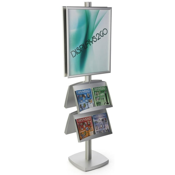 Displays2go, Dual Sided Poster Stand with Literature Compartments, Aluminum Construction – Silver Finish (MP72SQ28L4)
