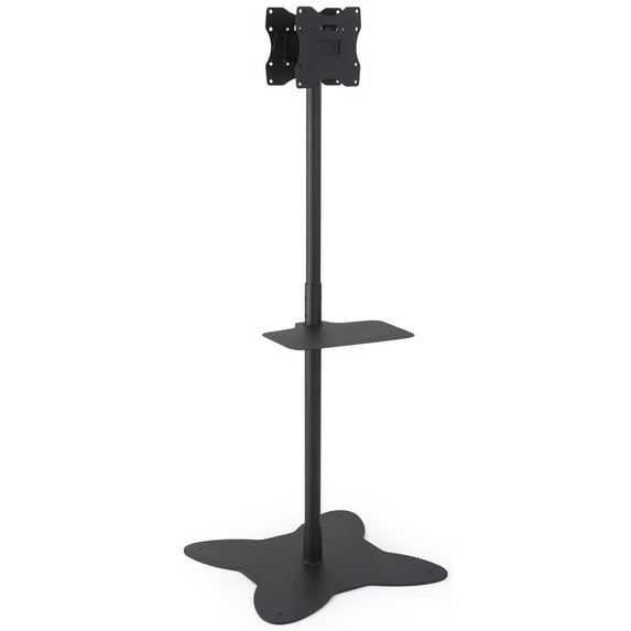 Displays2go Floor Standing Mount for Two TVs, Versatile Bracket Position, AV Shelf, Steel Construction – Black (EMDPD2642)