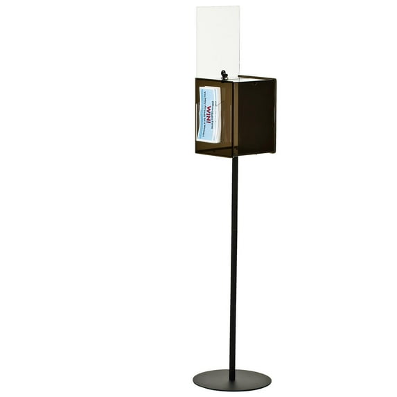Displays2go Floor-standing Ballots Box with Side Pocket for Entry Forms and (2) 8.5x11 Sign Holders, Locking Door - Clear Acrylic Box with Steel Pedestal Stand