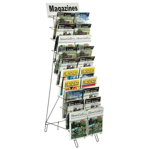 Displays2go Floor-standing Wire Literature Rack with 20 Tiered Pockets, Removable Dividers Accommodate Newspapers - Black