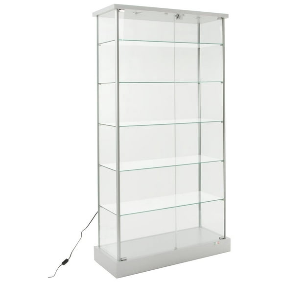 Displays2go Full Vision Lighted Cabinet, Laminated MDF, Aluminum & Tempered Glass Build  Silver Finish (193CPLEDSL)