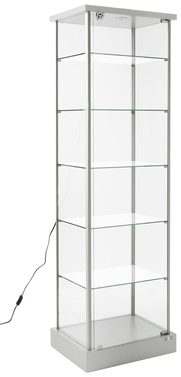 Displays2go Glass Tower Showcase, 5 Adjustable Shelves, Wheels, LED Light, Silver (153CPLEDSL)