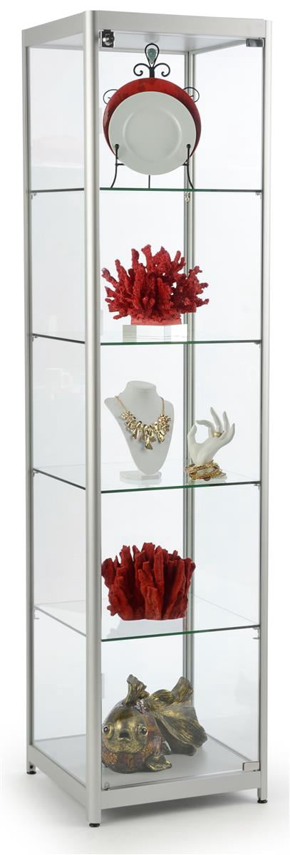 Displays2go Glass Tower Showcase, Adjustable Shelves (4), Locking Door ...