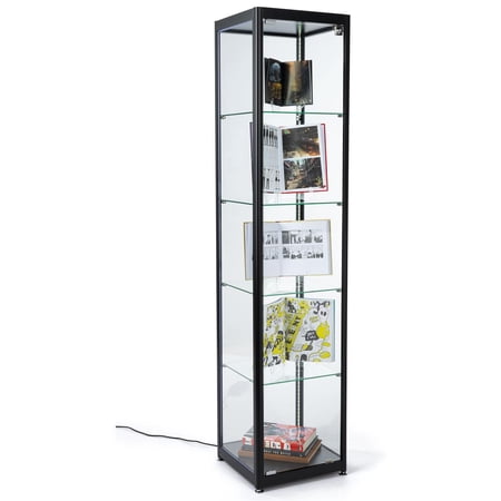 Displays2go Multi-Level Tempered Glass Tower with Lighting – Black (DCKDMT16B)