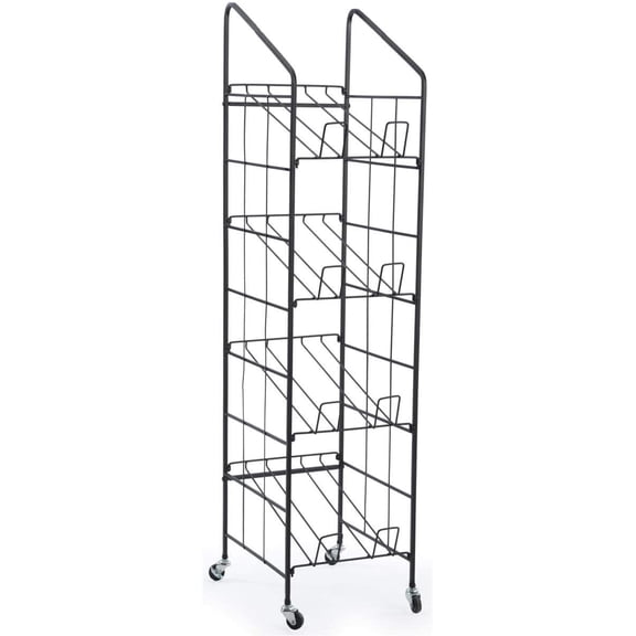 Displays2go Portable Newspaper and Magazine Rack, 4 Angled Shelves, Locking Caster Wheels (Black Steel)
